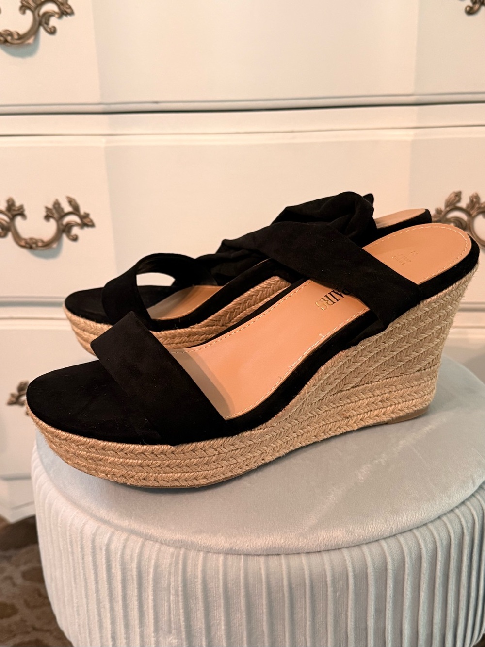 Black Suede Ankle-tie Espadrille Wedge Sandals